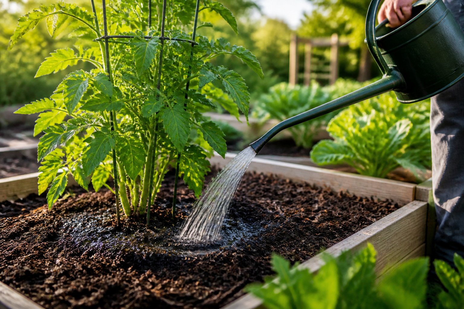 A gardener slowly waters the soil around the roots of a healthy vegetable plant in a lush garden.
