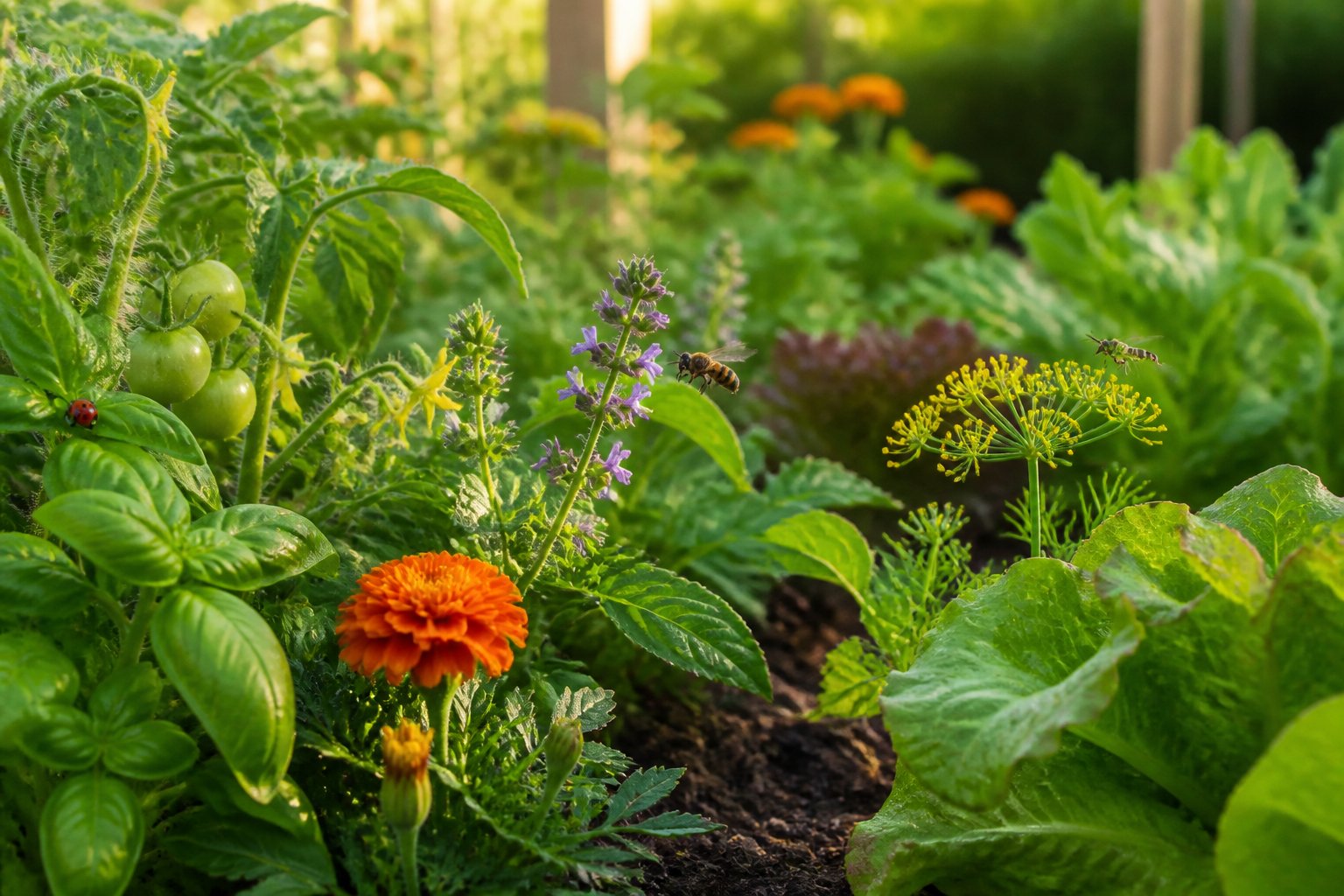 A thriving vegetable garden with flowering plants, a ladybug on a leaf, and a bee visiting a flower.