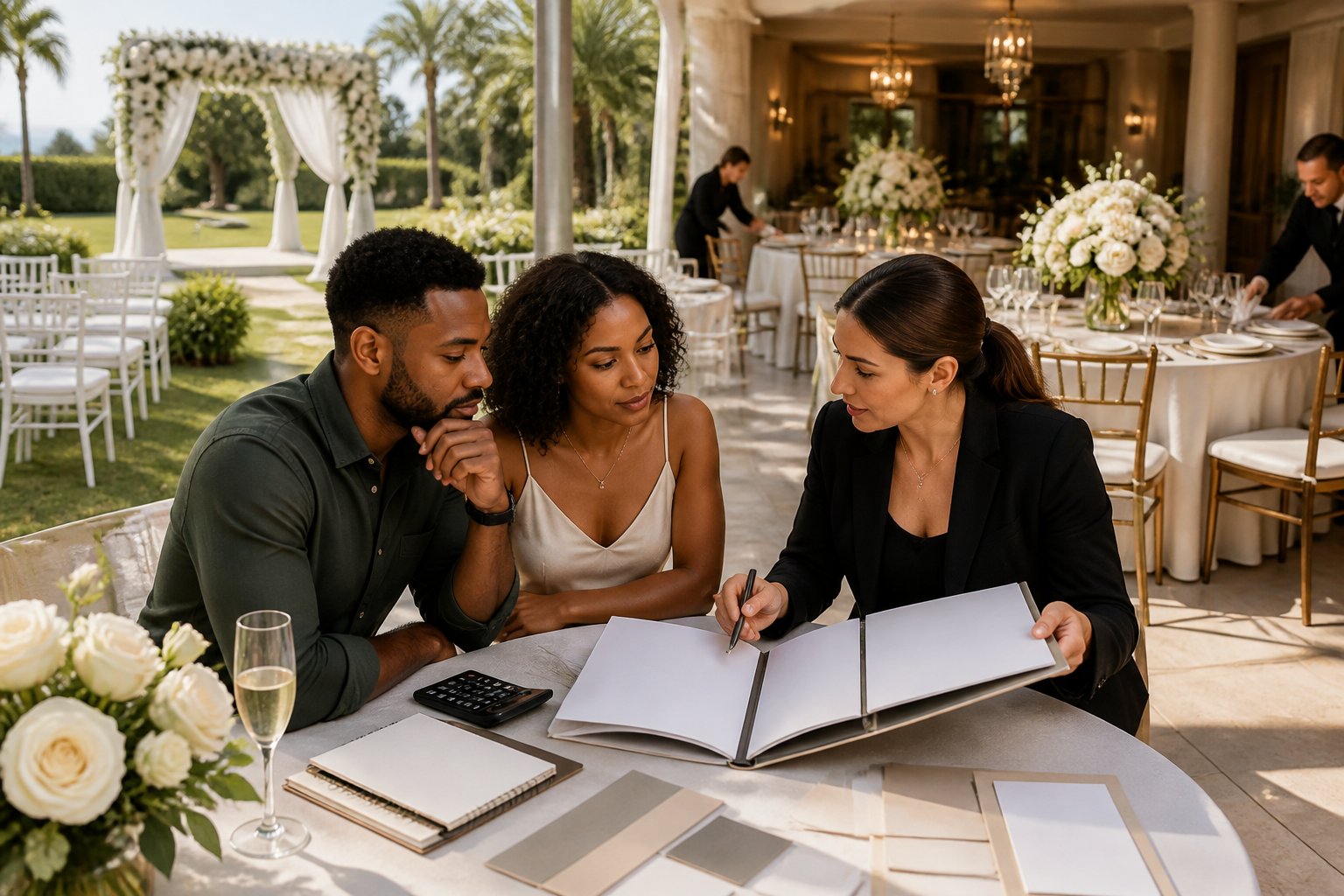 An engaged couple and wedding planner compare venue options at a table overlooking a decorated wedding venue.