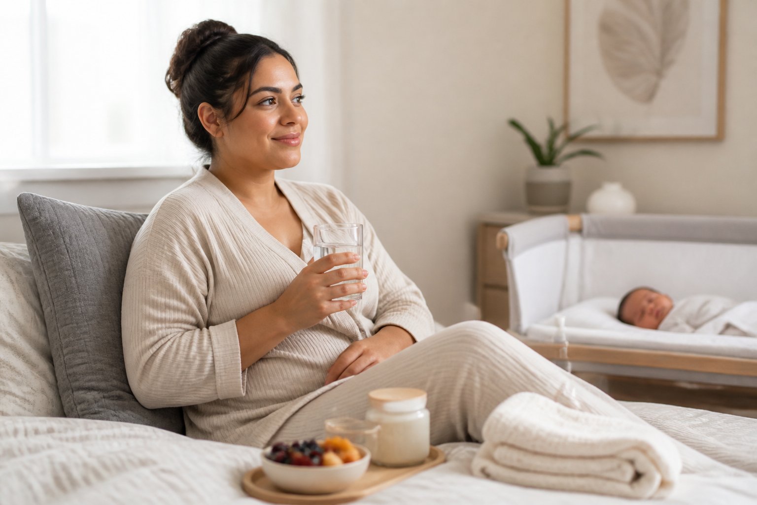 A new mother rests comfortably at home with a glass of water while her baby sleeps in a nearby bassinet.