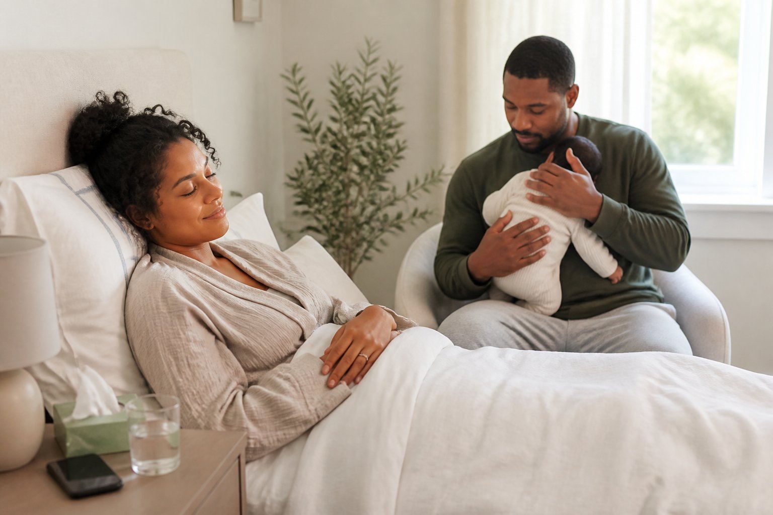 A postpartum mother rests in bed while a supportive caregiver holds their newborn nearby.