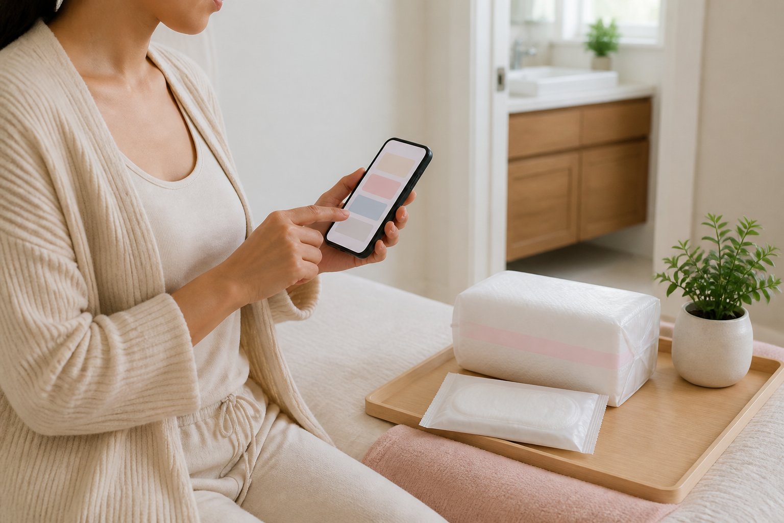 A postpartum woman sits near a clean bedside table with an unopened maxi pad package and a phone for daily tracking.