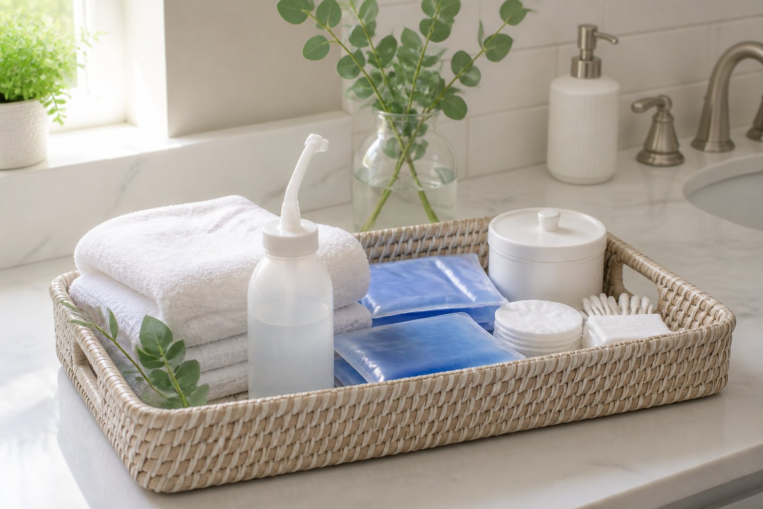 A clean bathroom counter arranged with a peri bottle, wrapped ice packs, towels, and postpartum care supplies.