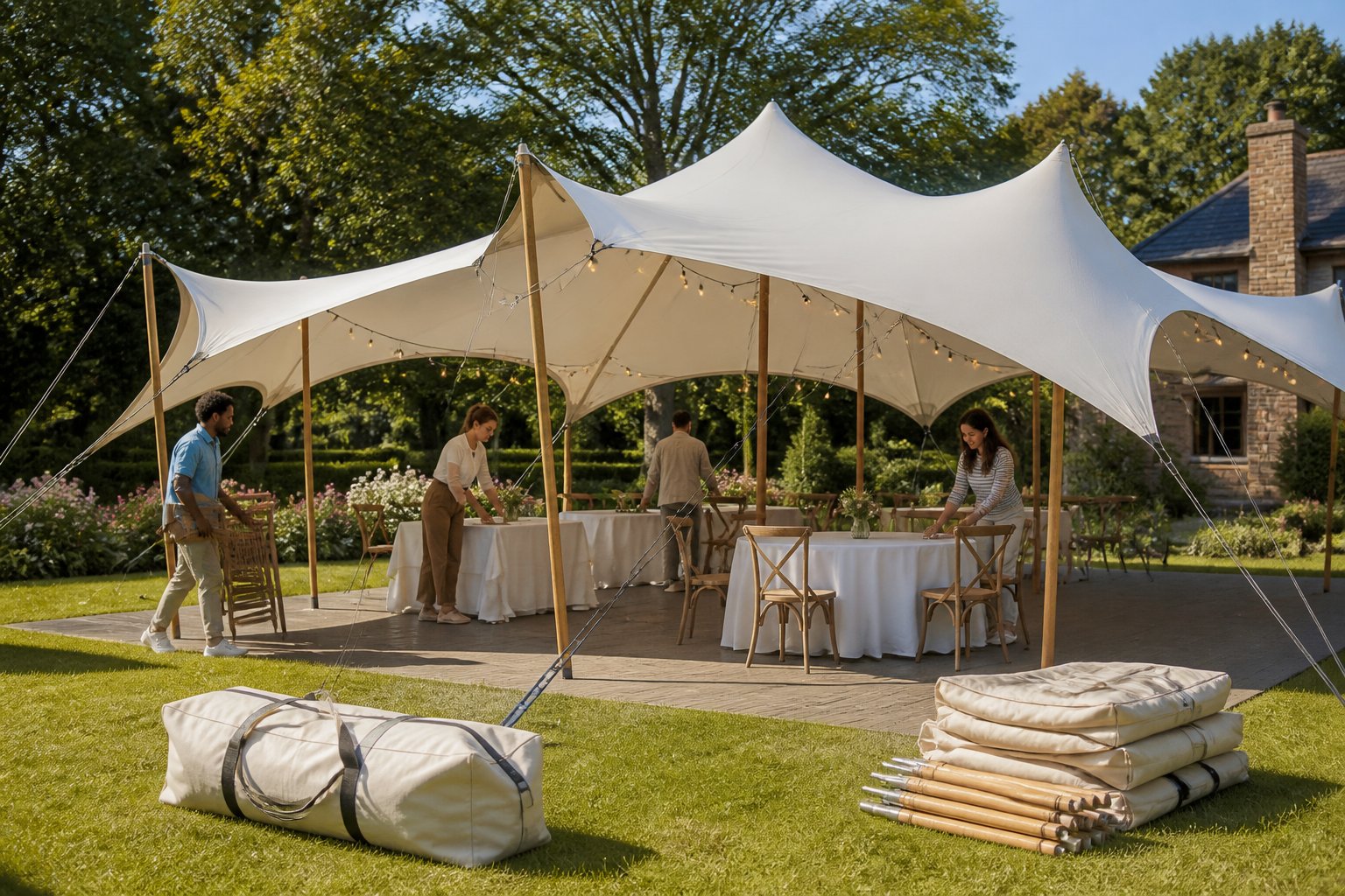 A durable stretch tent is being prepared for a small outdoor gathering.