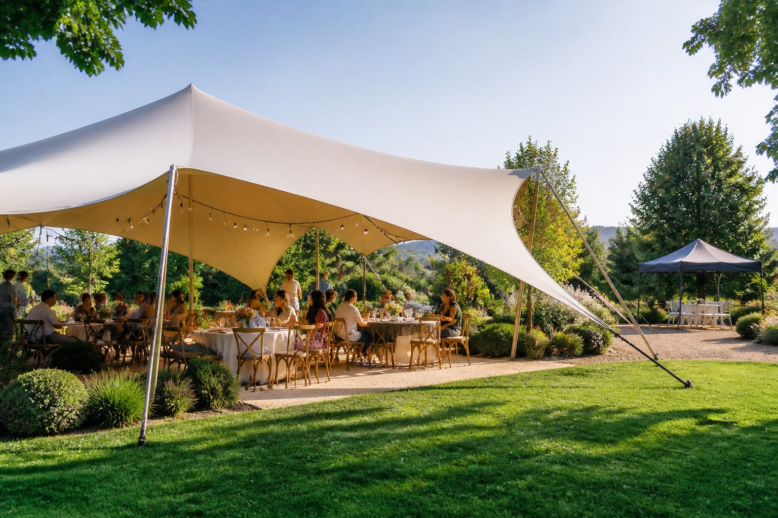 People gathering beneath a spacious stretch tent beside a smaller standard gazebo at an outdoor event.