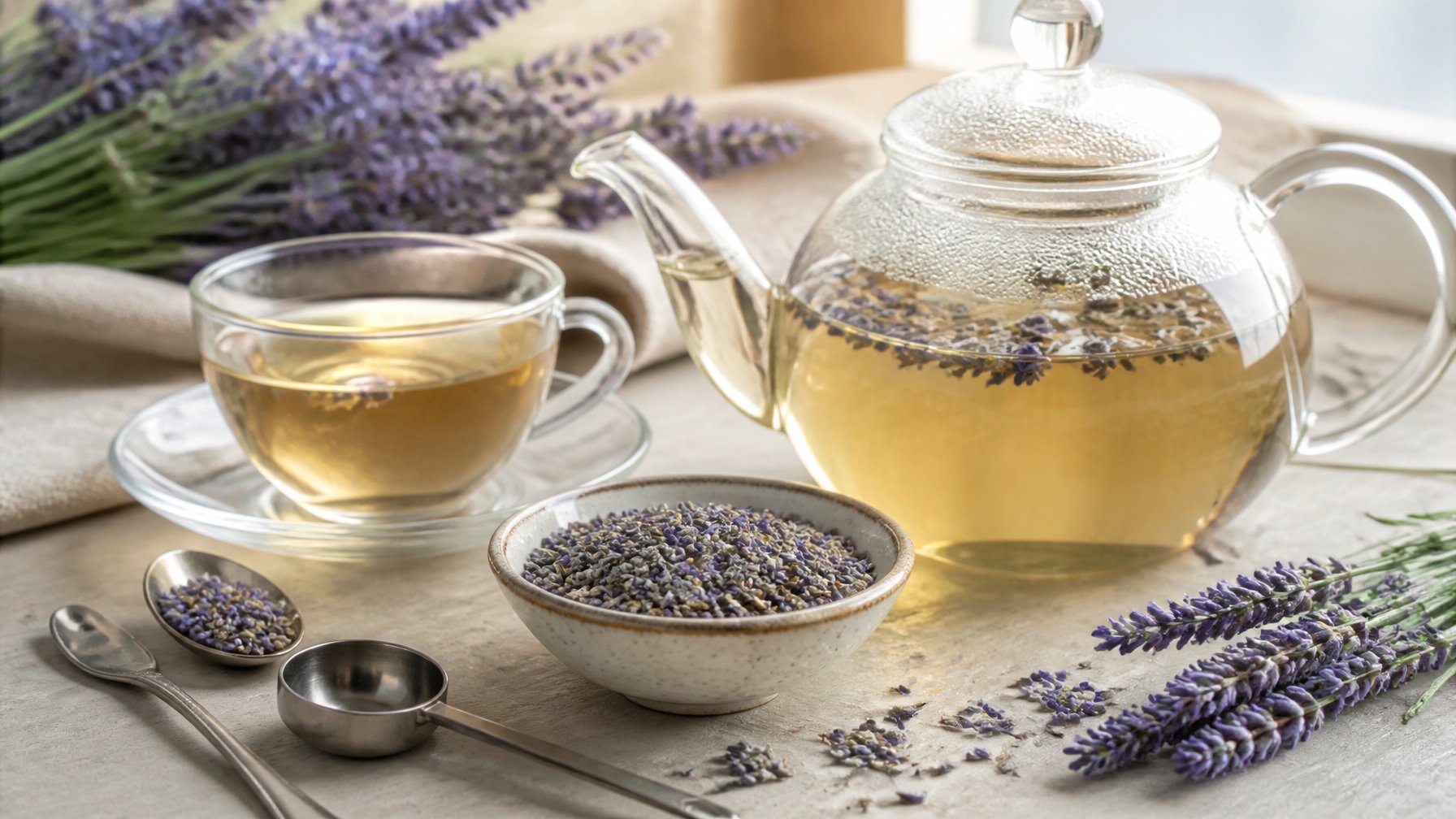 A glass teapot and teacup of lavender tea beside dried lavender buds and measuring spoons.