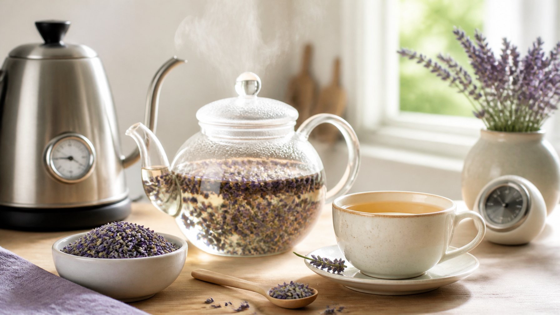 A glass teapot of lavender tea beside a cup, dried lavender, a measuring spoon, and brewing tools.