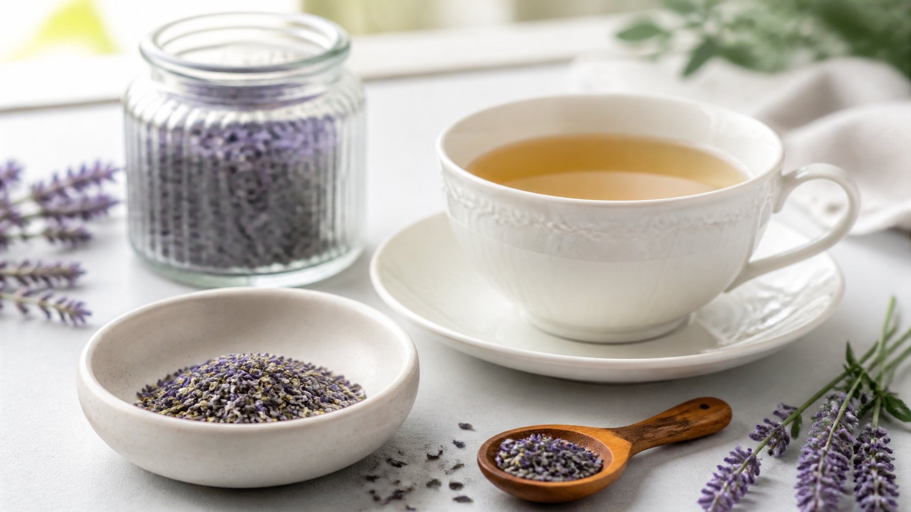 A cup of lavender tea beside a small bowl and jar of dried lavender.