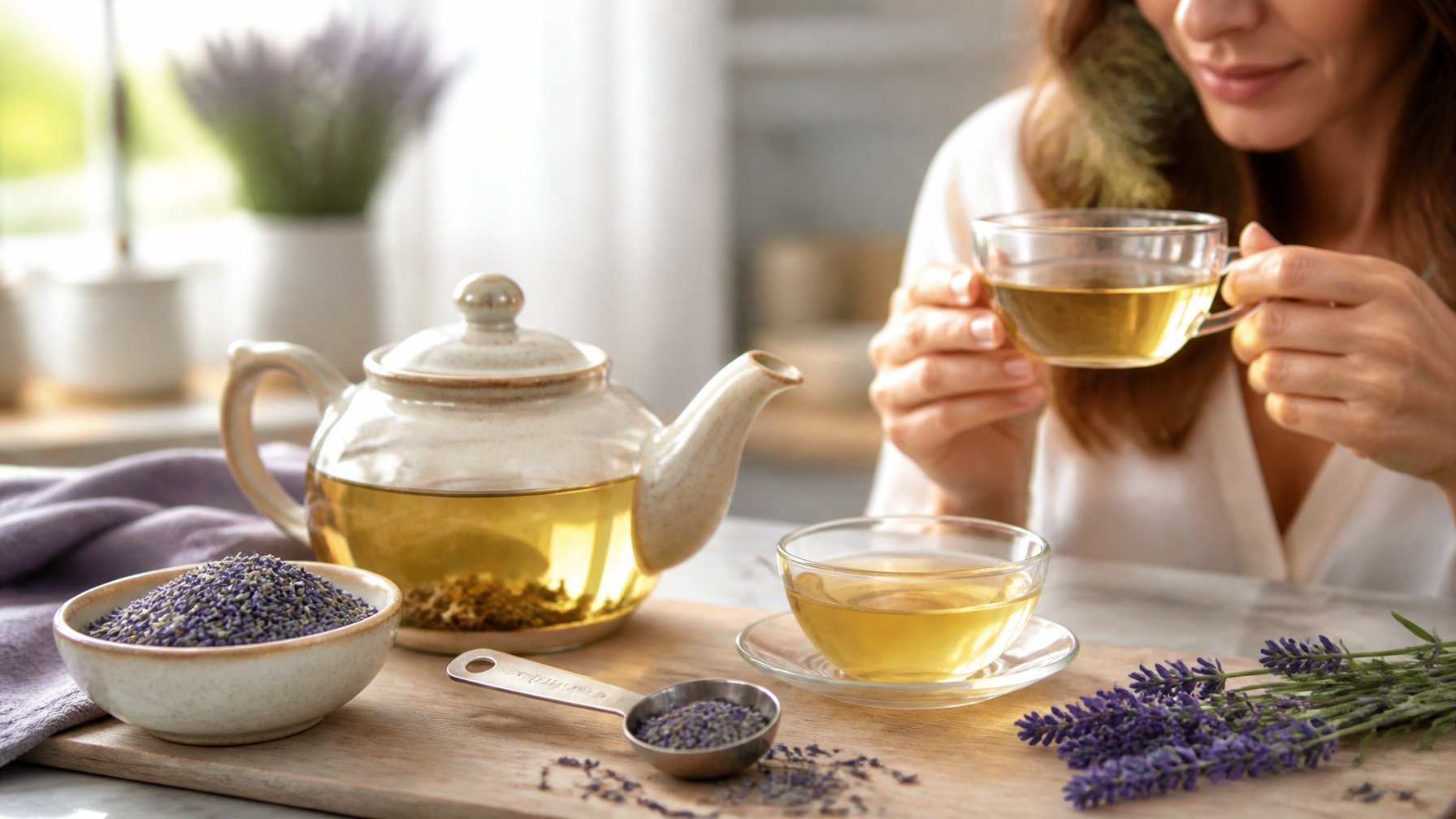A cup and teapot of lavender tea beside measured lavender buds and a teaspoon.