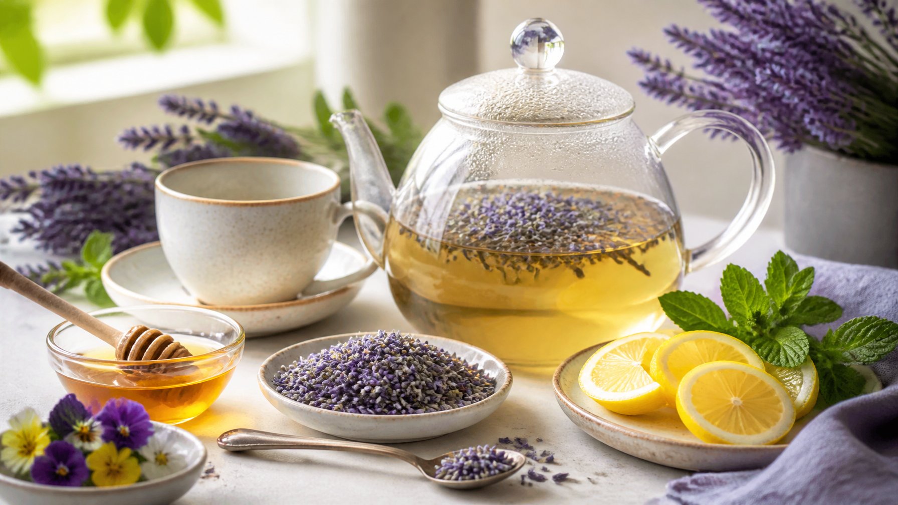 A glass teapot of lavender tea with measured dried lavender, lemon, honey, mint, and edible flowers arranged on a tea table.