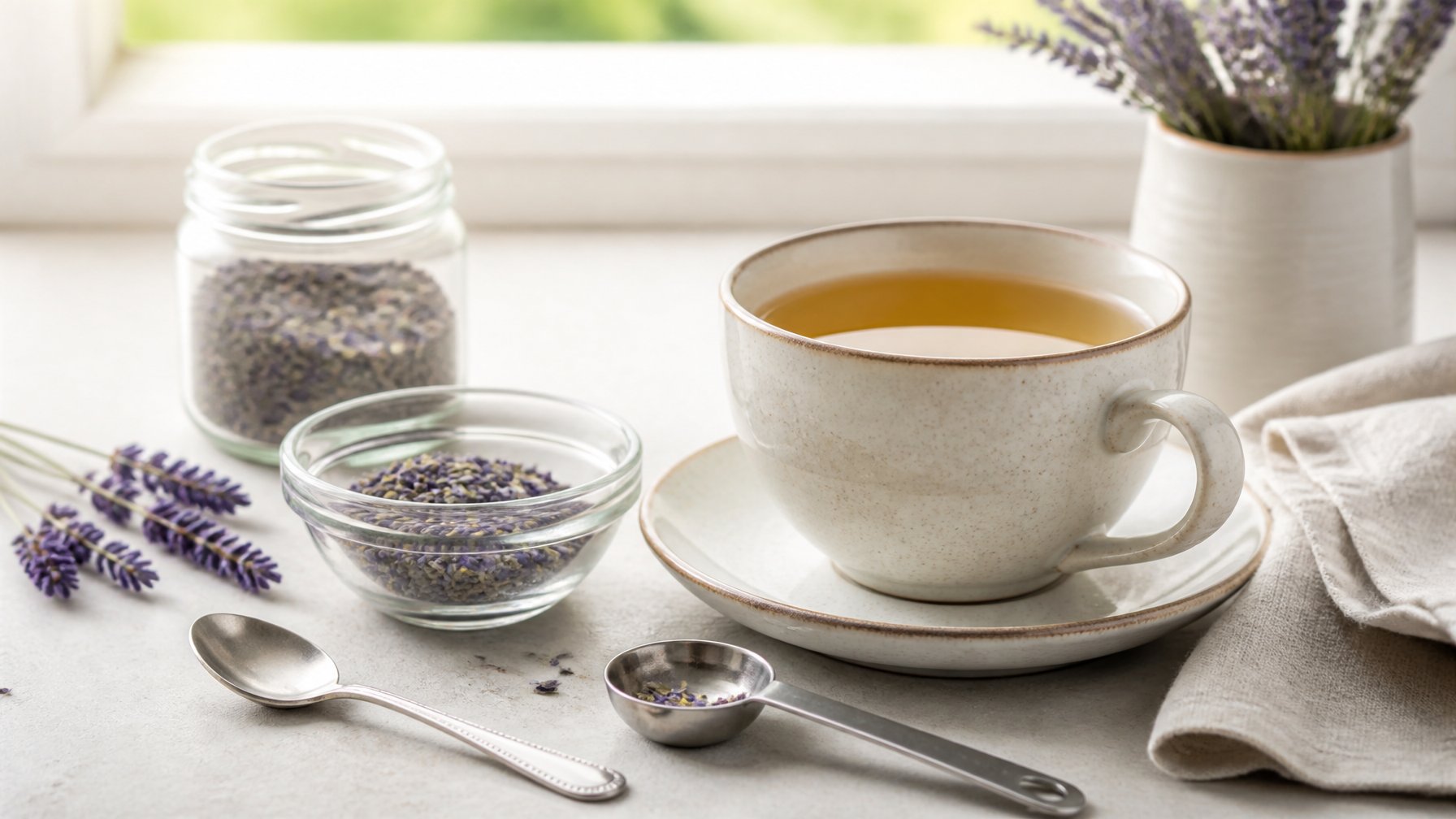 A cup of lavender tea beside a measured spoonful of dried lavender buds and fresh lavender sprigs.