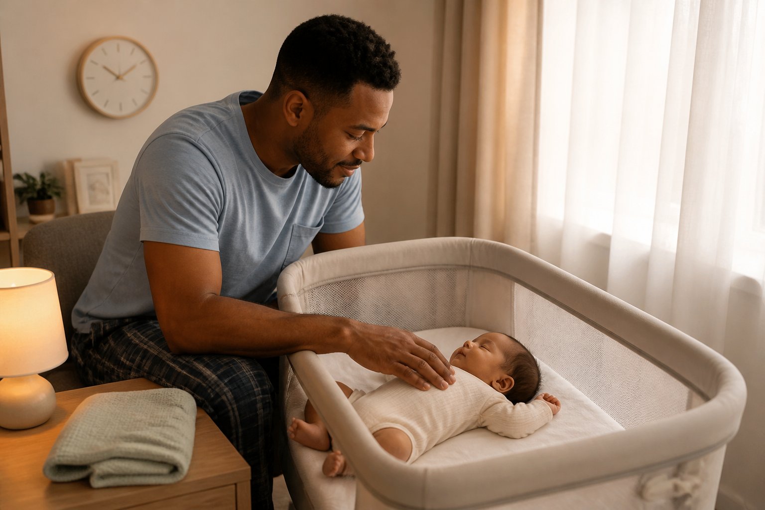 A parent gently soothes a newborn sleeping safely on their back in a clear bassinet.
