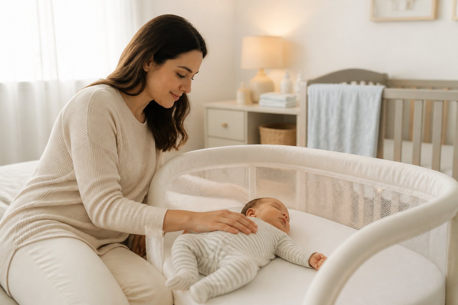 A parent watches over a sleeping newborn resting safely in a bassinet.