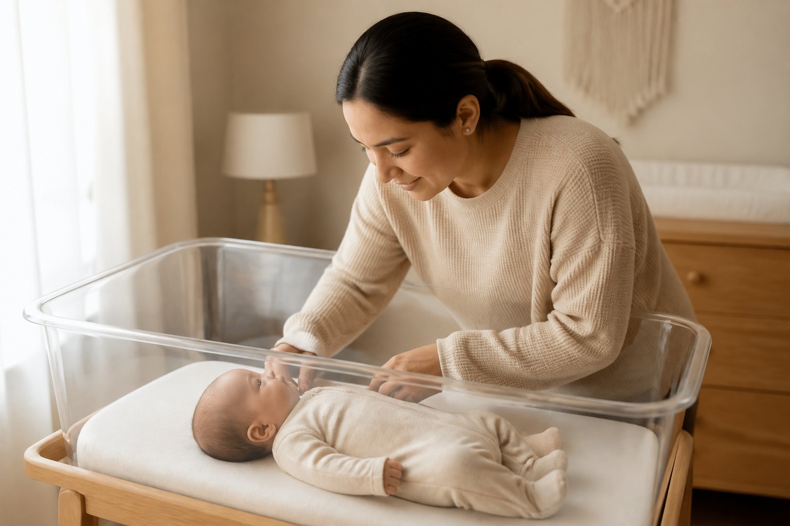 A parent gently settles a newborn lying on their back in a clear bassinet in a peaceful nursery.