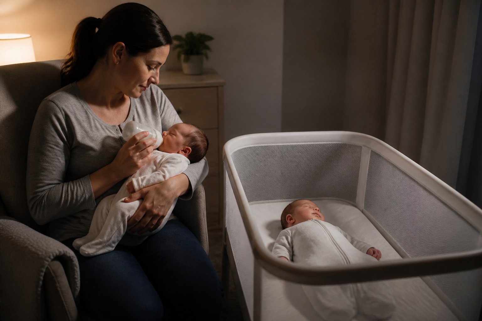 A parent gently feeds a newborn beside a clear, uncluttered bassinet in a softly lit nursery.