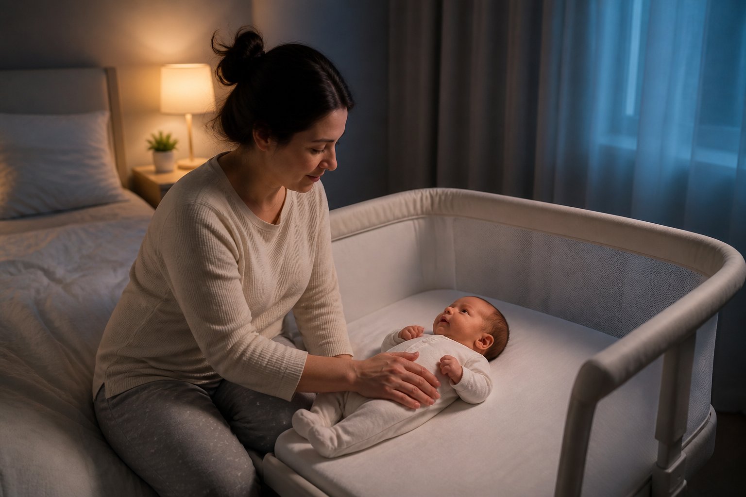A parent gently comforts a newborn in a safe crib during the night.
