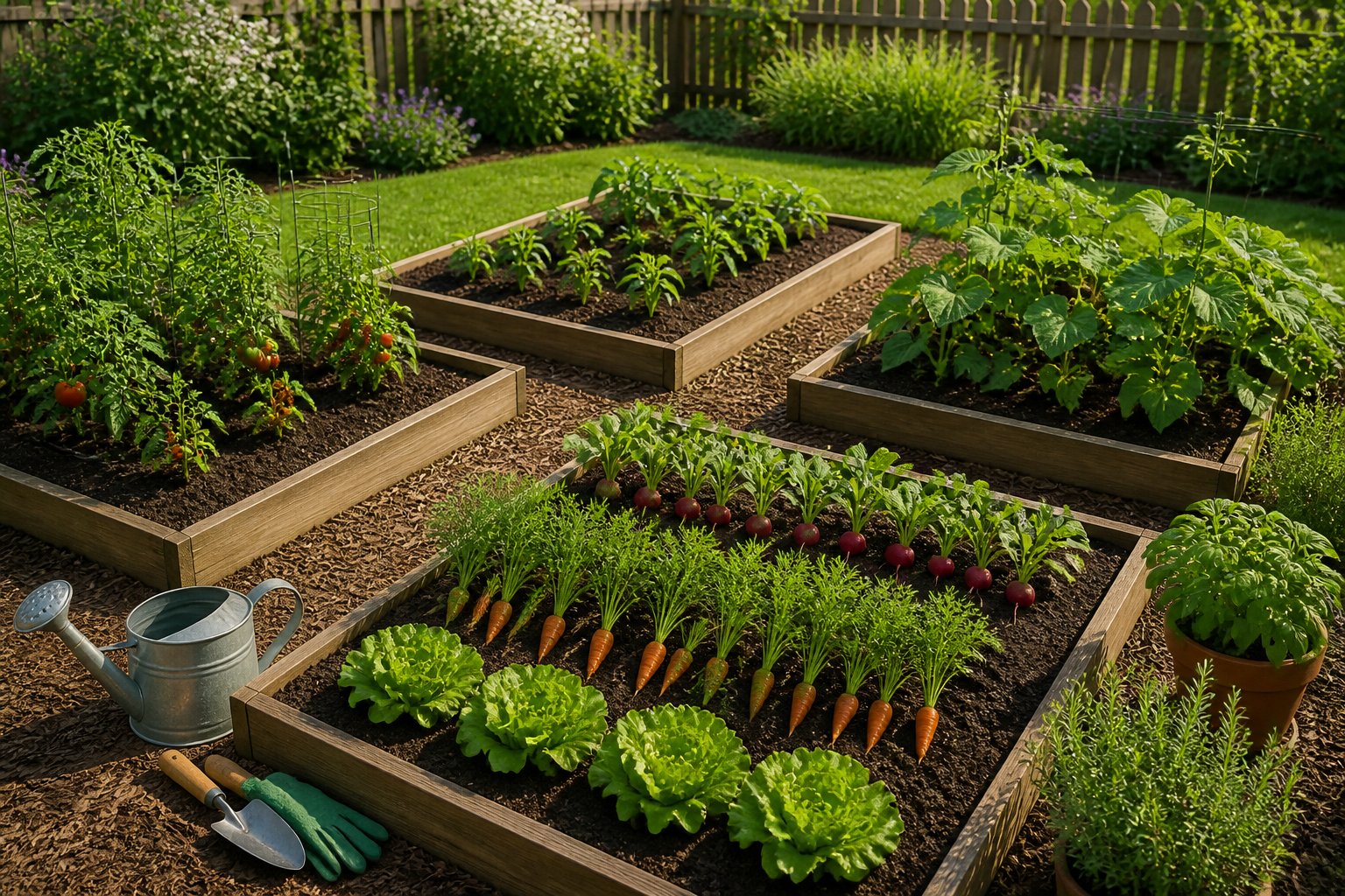 A neatly organized beginner vegetable garden with raised beds, young vegetables, and paths between them.