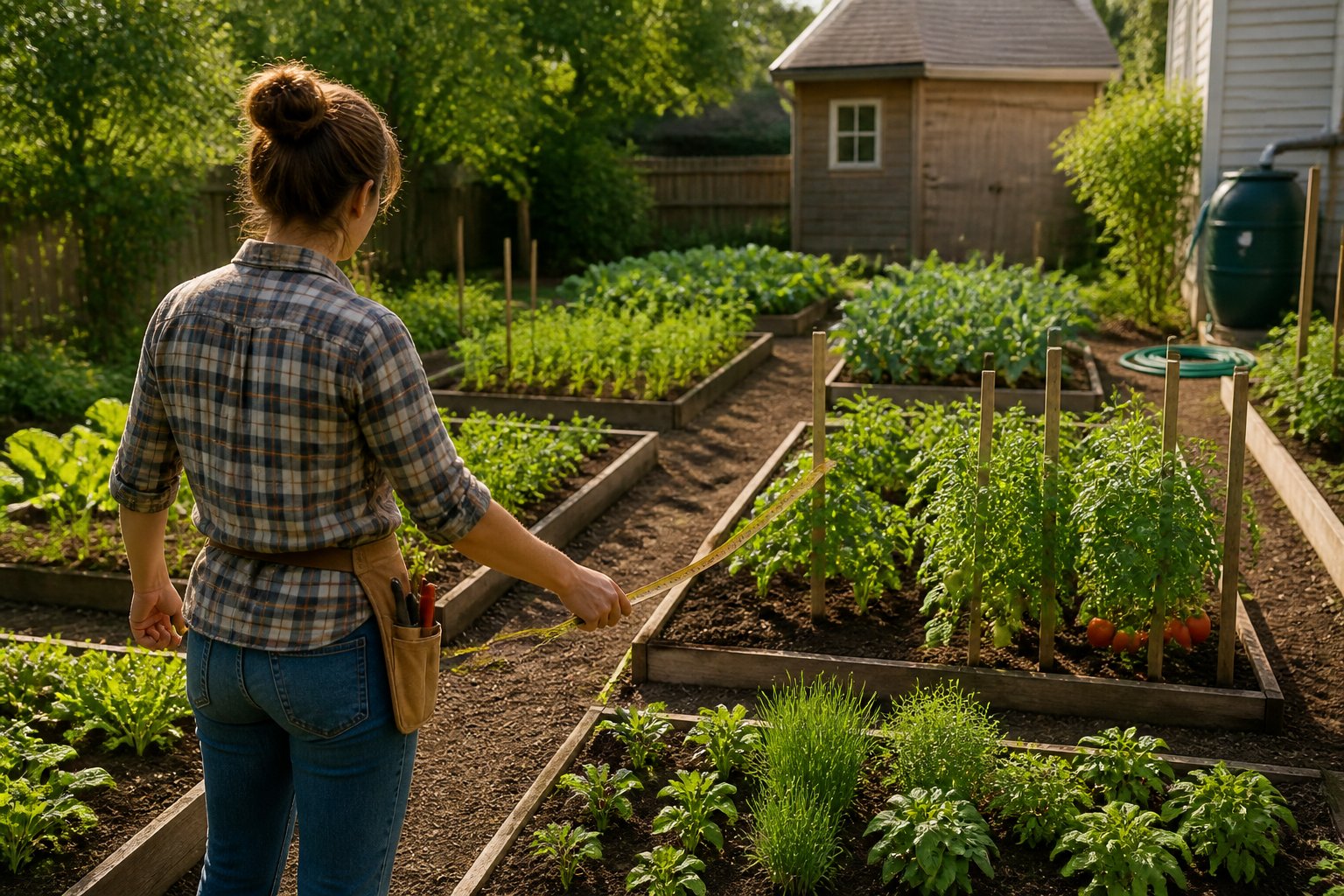 A gardener plans neat vegetable beds in a sunny backyard garden.