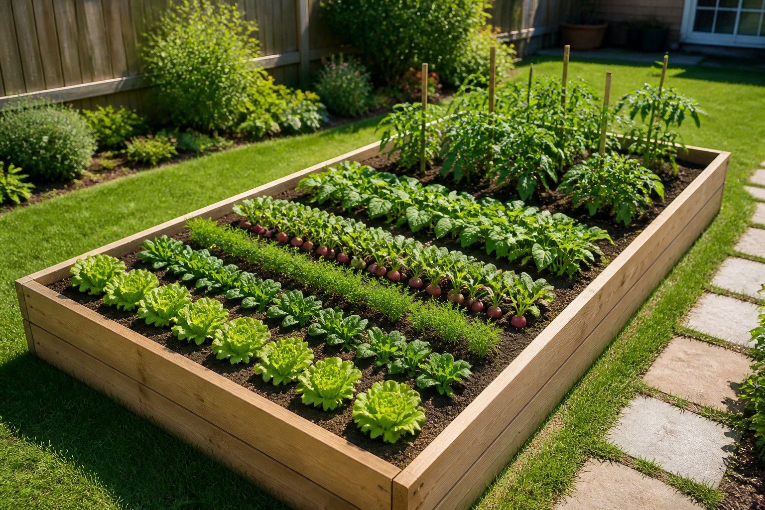 A neatly arranged raised vegetable garden bed with rows of young vegetables in a sunny backyard.