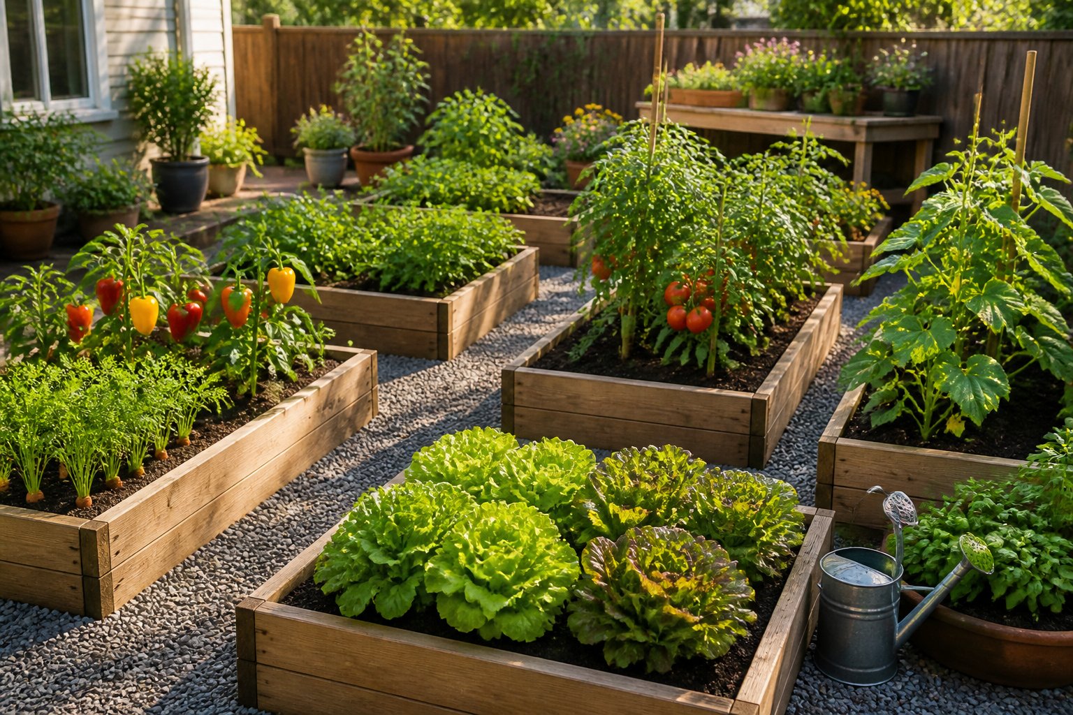 A neatly organized backyard vegetable garden with raised beds, paths, and assorted vegetables.