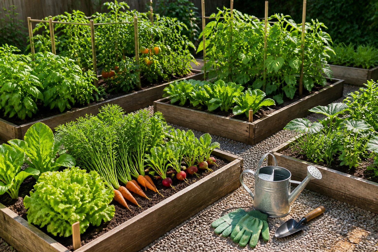 A neatly organized beginner vegetable garden with raised beds, seasonal vegetables, clear pathways, and gardening tools.