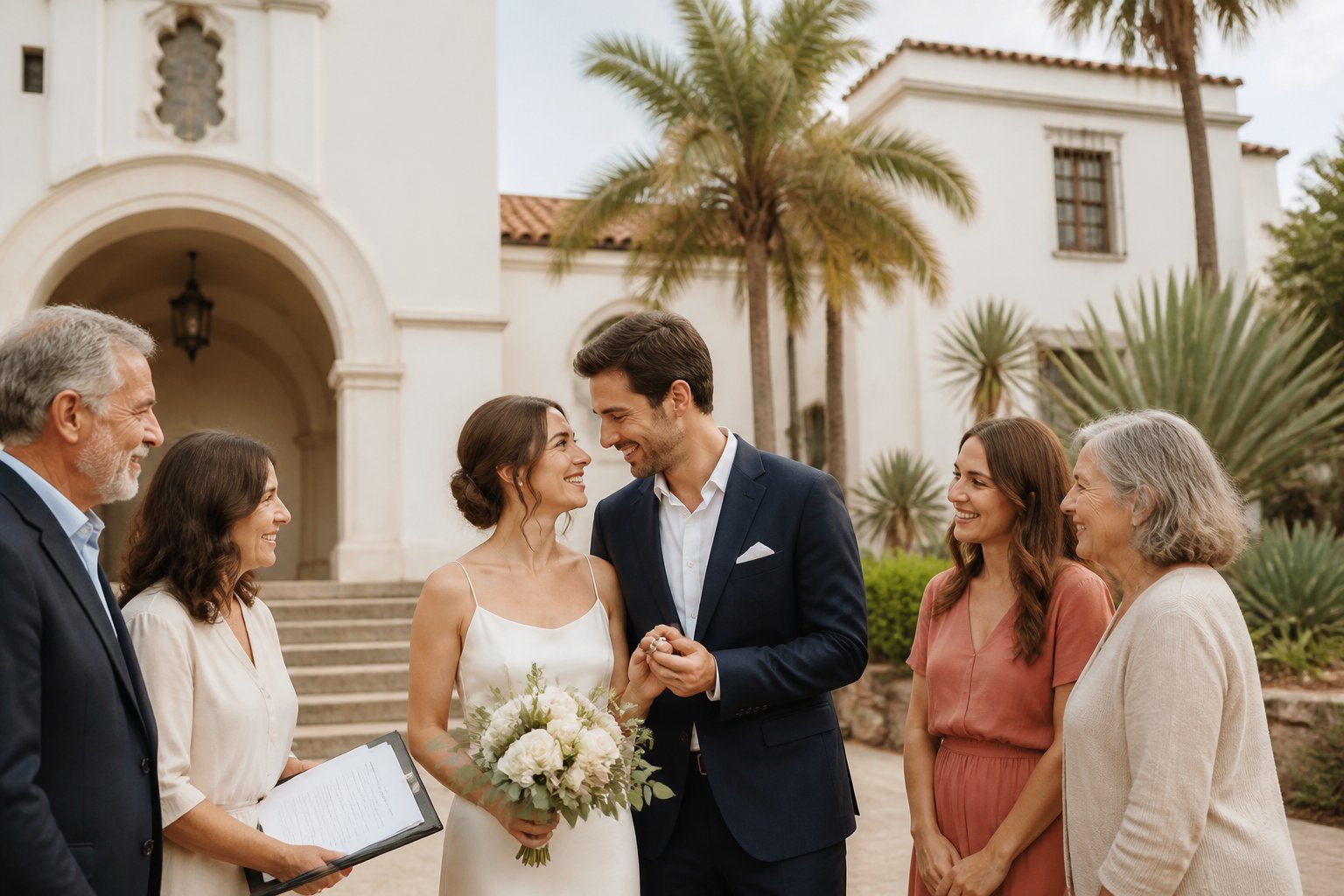 A newlywed couple and family celebrate outside a Spanish-style Santa Barbara courthouse.