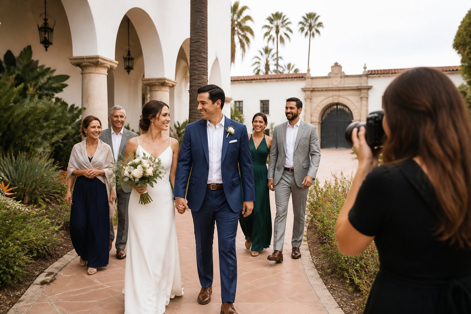 A newlywed couple walks through a sunny Spanish-style courthouse courtyard while a photographer takes portraits.