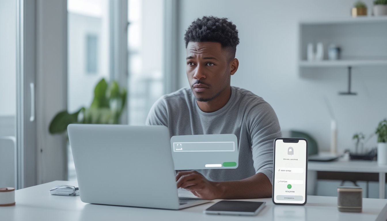 Seseorang memeriksa laptop dan ponsel dengan ekspresi bingung terkait masalah login.