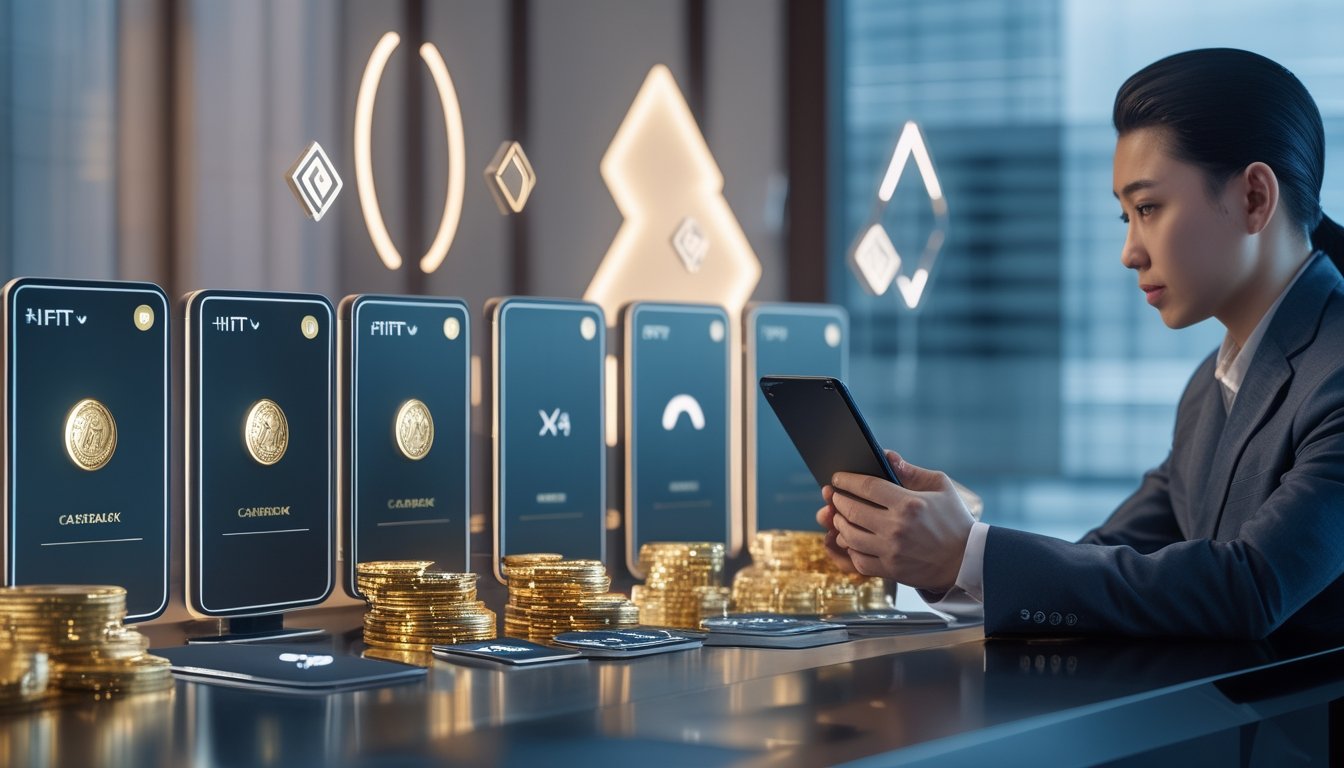 Seorang profesional membandingkan beberapa pilihan bonus dan cashback pada meja modern dengan kartu digital, koin emas, dan kotak hadiah.