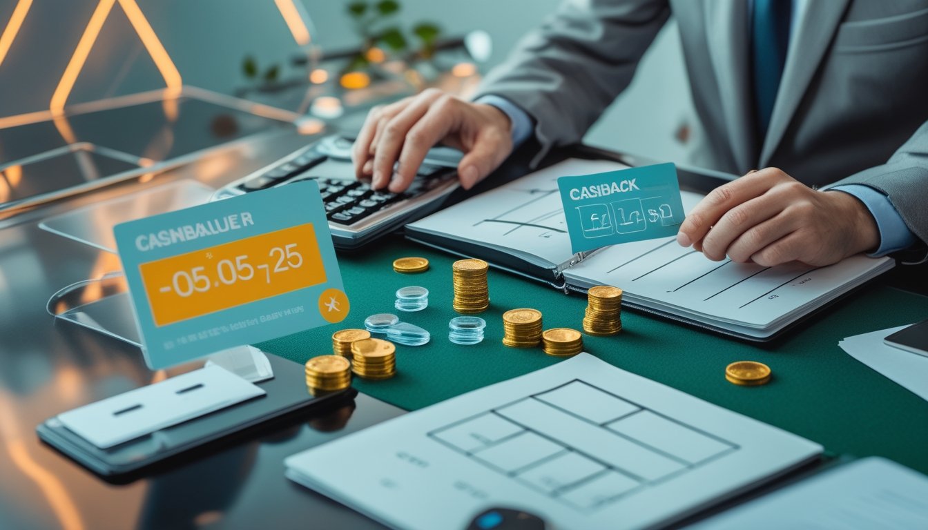 Seorang profesional membandingkan nilai bonus dan cashback di meja kerja dengan kalkulator, koin, dan grafik abstrak.