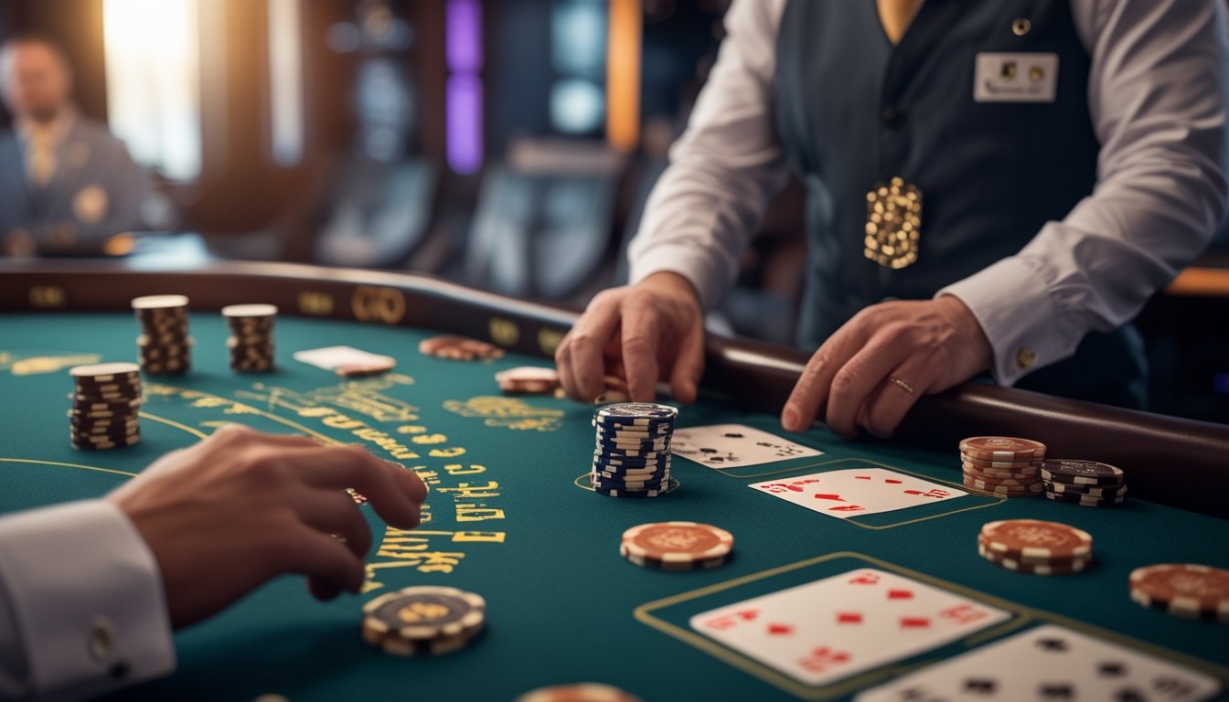 Meja blackjack dengan kartu, keping kasino, dan dealer di suasana kasino modern.