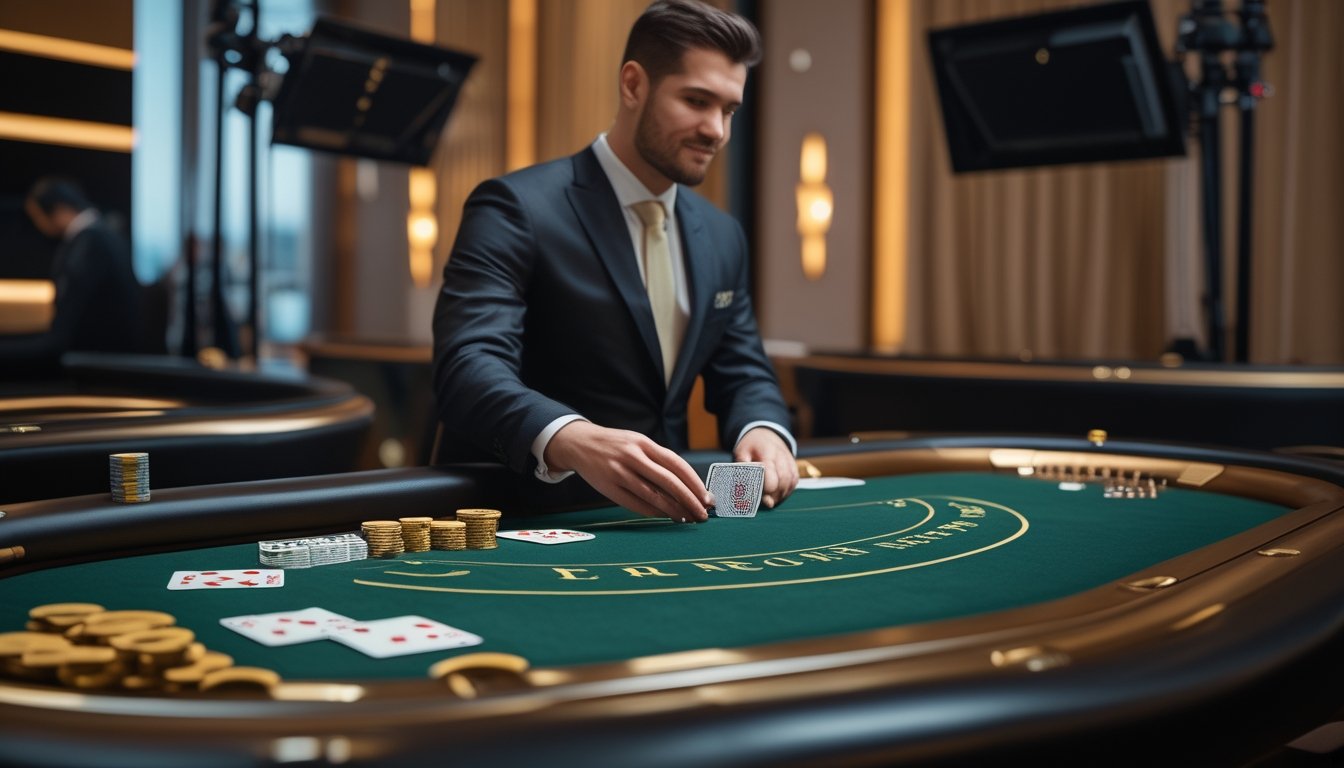 Dealer blackjack membagikan kartu di meja kasino live dengan chip dan pemain.
