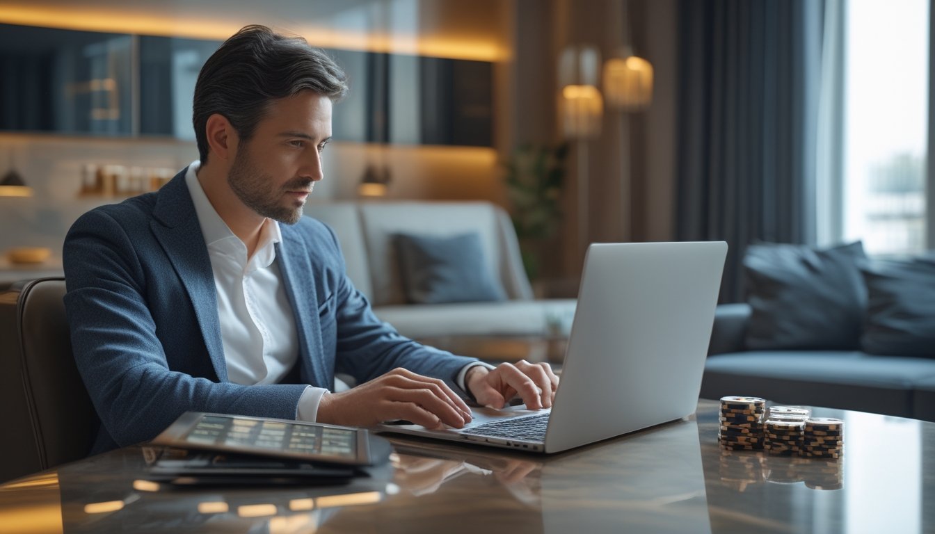 Seorang pemain dewasa menggunakan laptop untuk mengakses platform kasino daring di ruang modern yang nyaman.