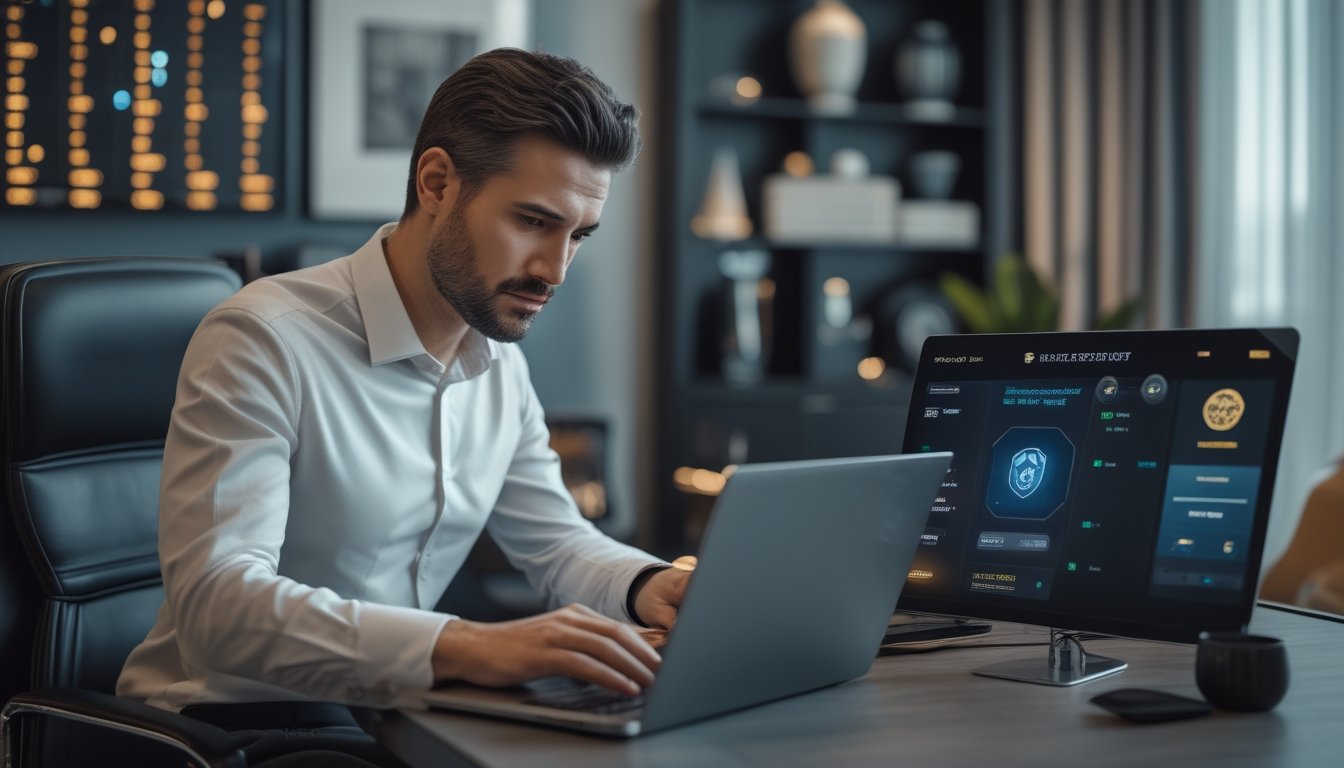 Seorang pemain dewasa berpengalaman meninjau platform permainan daring di laptop dan ponsel dalam ruang kerja modern.