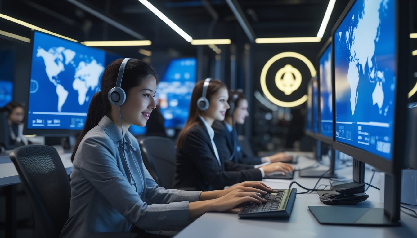 Petugas layanan pelanggan membantu pengguna melalui perangkat digital di pusat layanan modern.