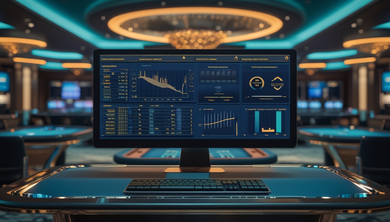 Meja-meja permainan kasino dengan layar analisis data dan grafik perbandingan di ruang kasino modern.