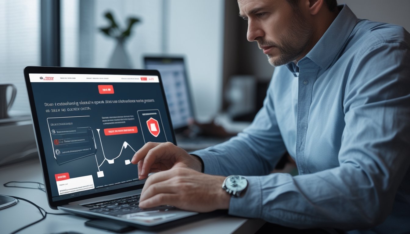 Seorang pengguna memeriksa situs kasino online mencurigakan di laptop dengan simbol peringatan keamanan dan daftar pemeriksaan di meja.