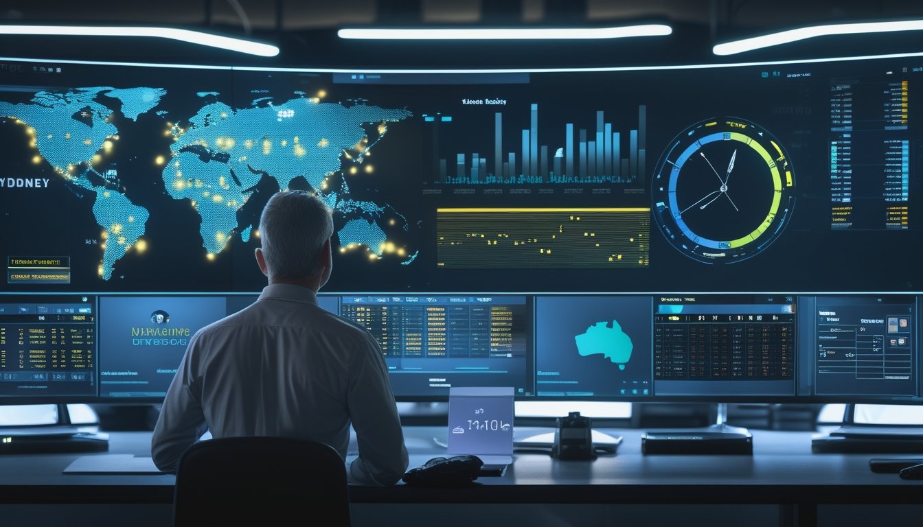Seorang operator memantau dasbor data digital real-time dengan peta Sydney dan indikator waktu 24 jam.