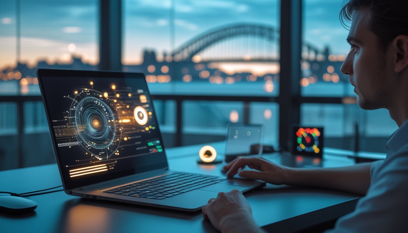 Seorang profesional memantau pembaruan data langsung di laptop dan ponsel dalam ruang kerja modern dengan latar cakrawala Sydney.