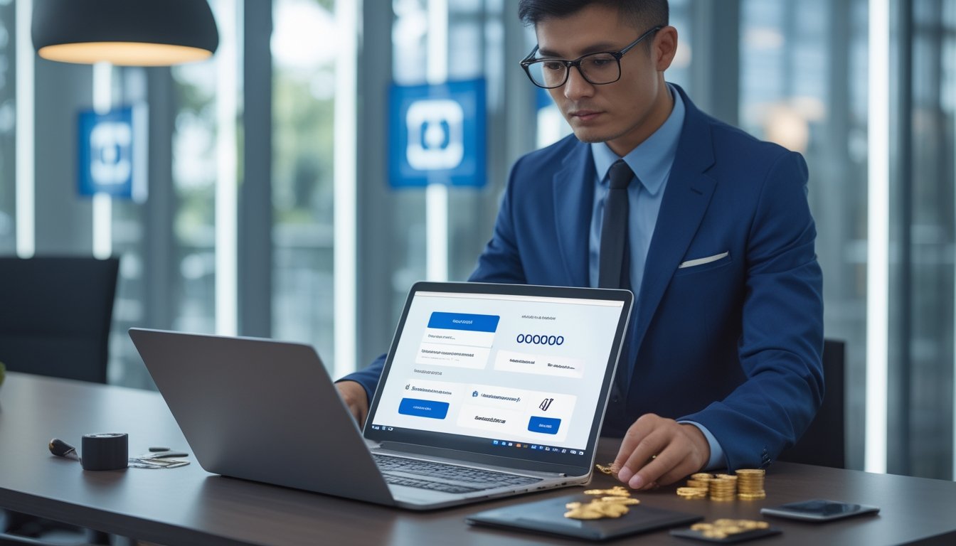 Seorang profesional meninjau dokumen dan layar digital di kantor modern dengan simbol keamanan dan verifikasi.