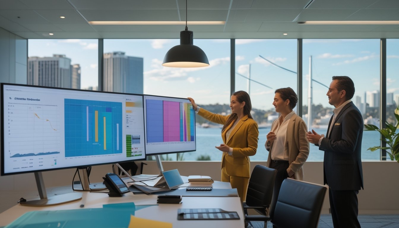 Tim profesional menganalisis data di kantor modern dengan pemandangan kota Sydney.