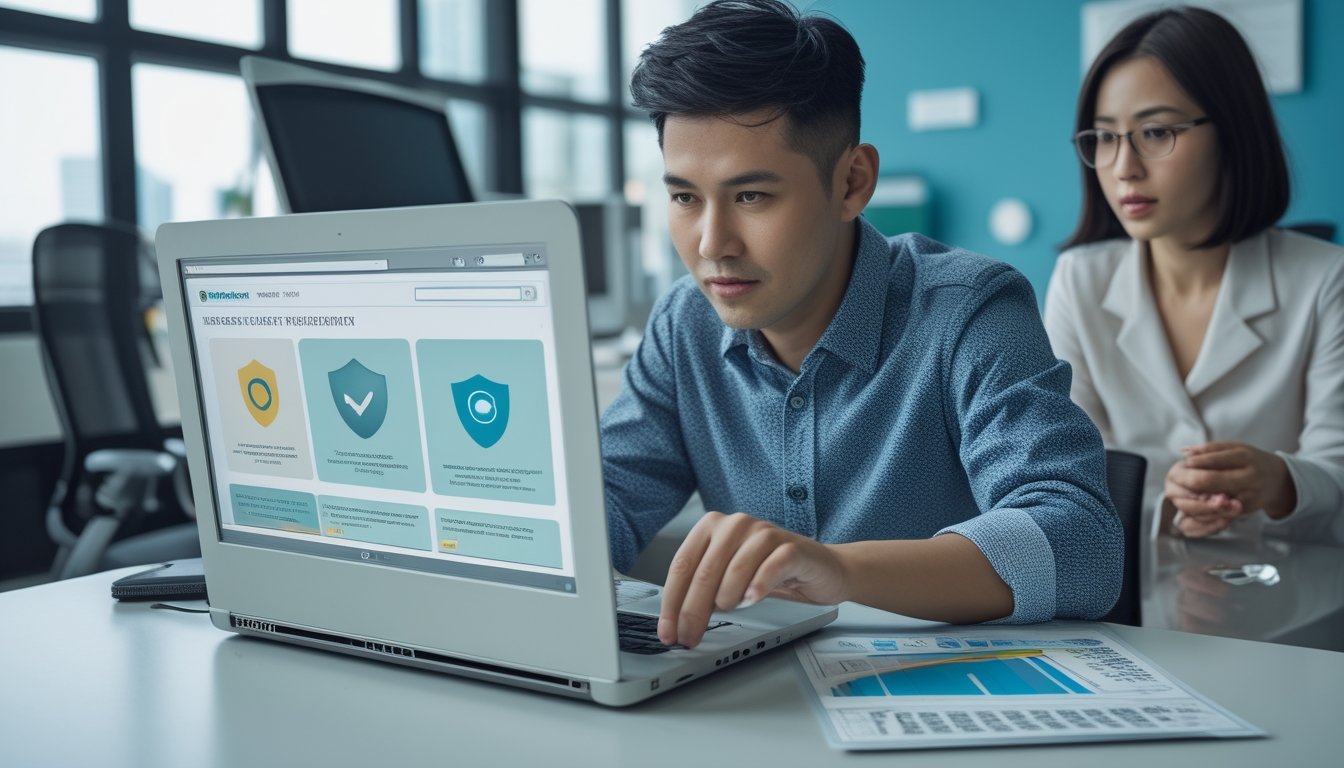 Dua profesional menilai kredibilitas sebuah platform digital melalui laptop di ruang kerja modern.