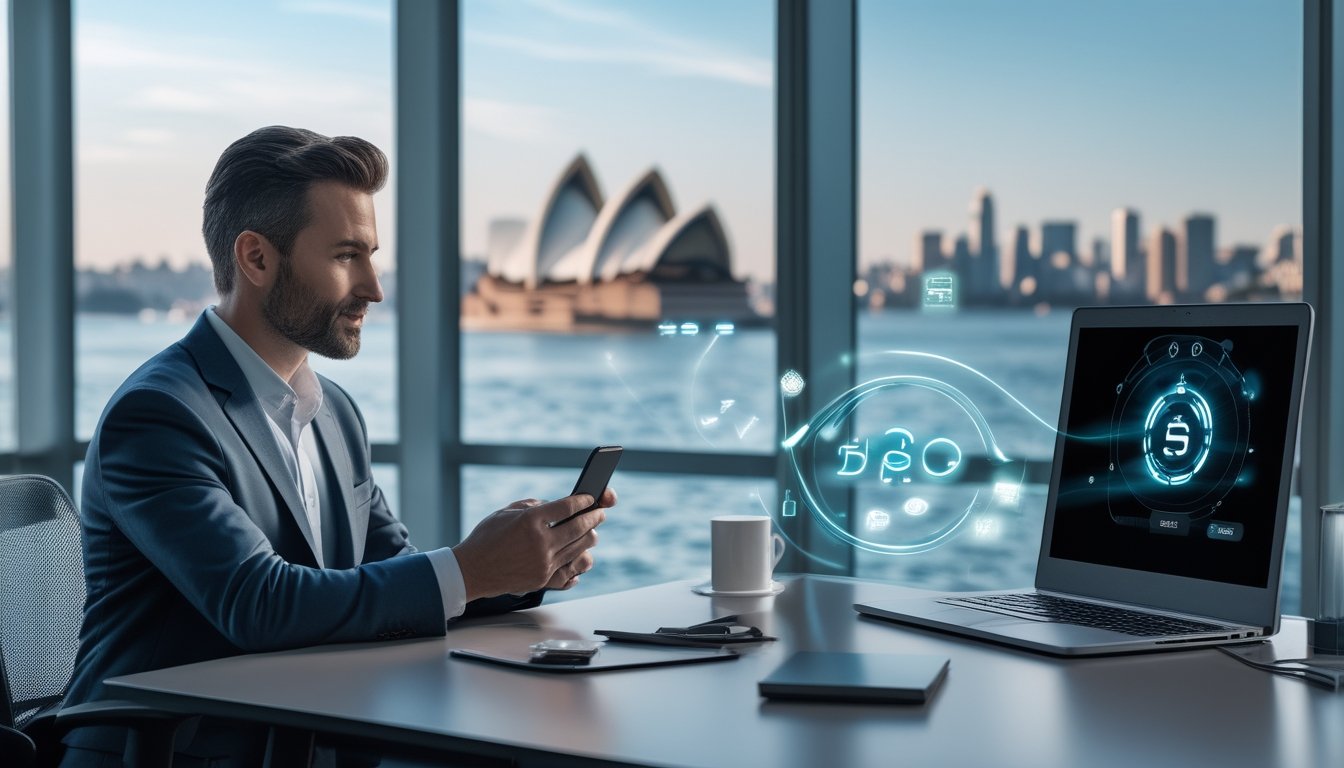 Seseorang menggunakan ponsel dan laptop untuk melakukan transaksi dompet digital dengan latar kota Sydney.