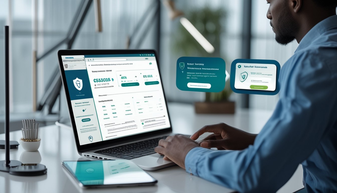 Seorang profesional memeriksa keamanan platform dan transaksi dompet elektronik melalui laptop dan ponsel.