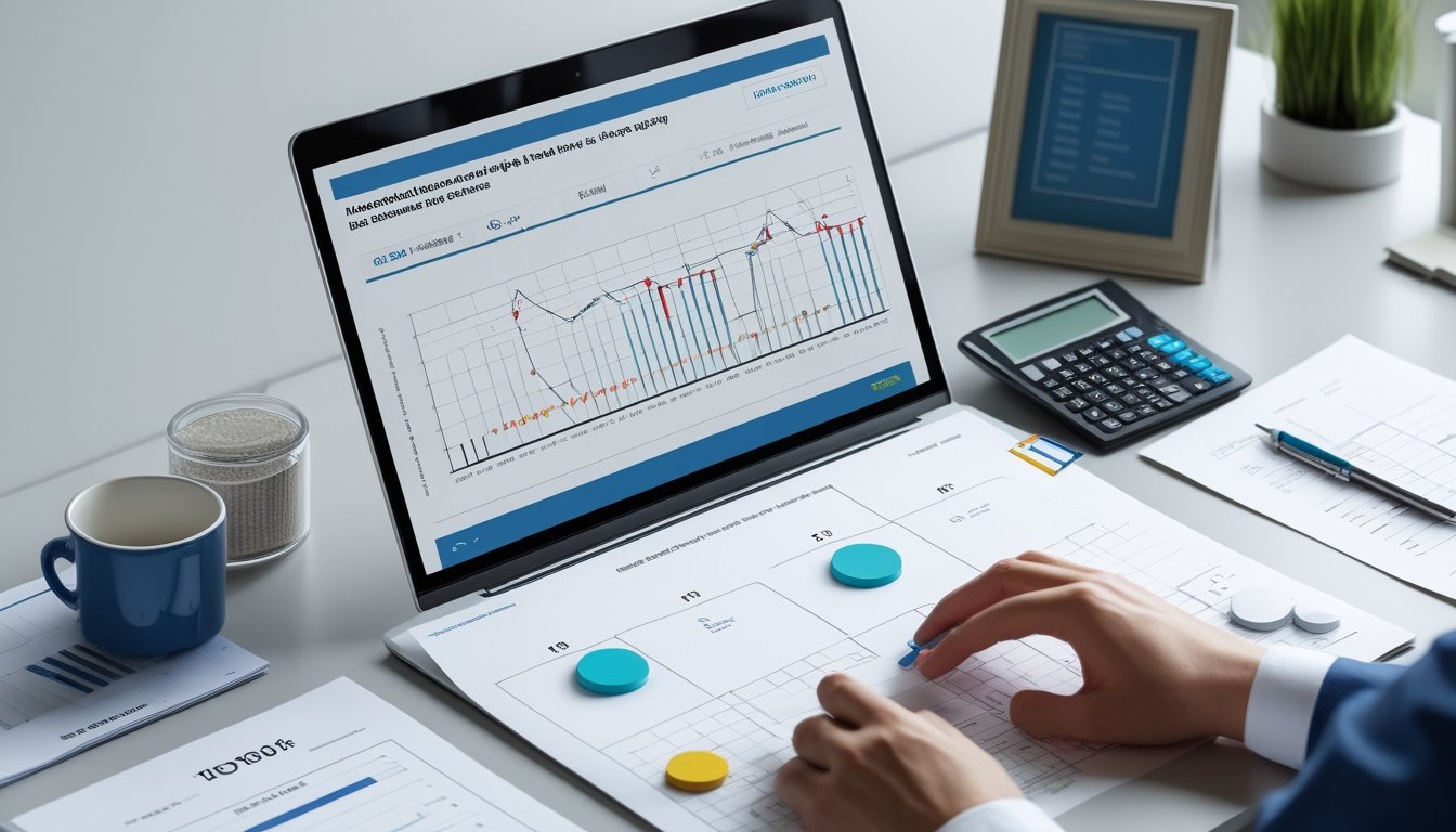Meja kerja modern dengan laptop berisi grafik abstrak, lembar data, kalkulator, dan tiga penanda warna yang tersusun berdasarkan peringkat.