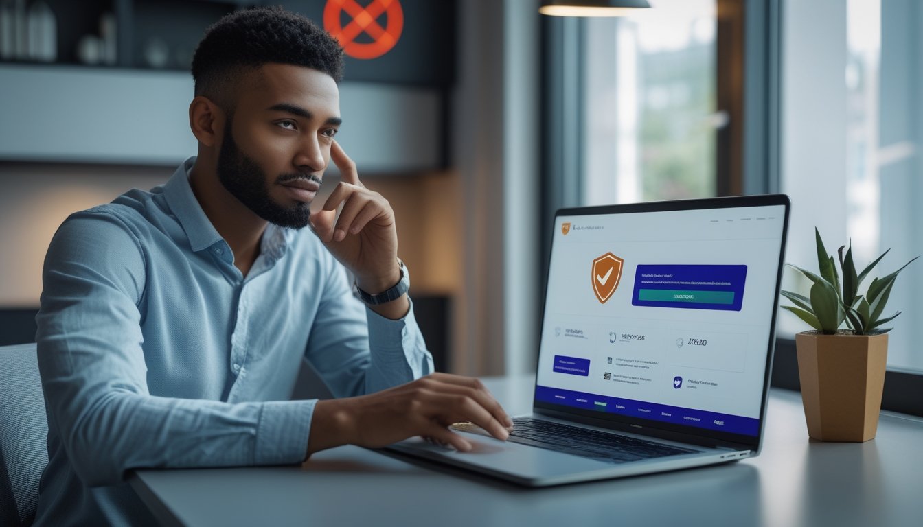 Seseorang memeriksa keamanan dan kredibilitas sebuah situs daring melalui laptop.