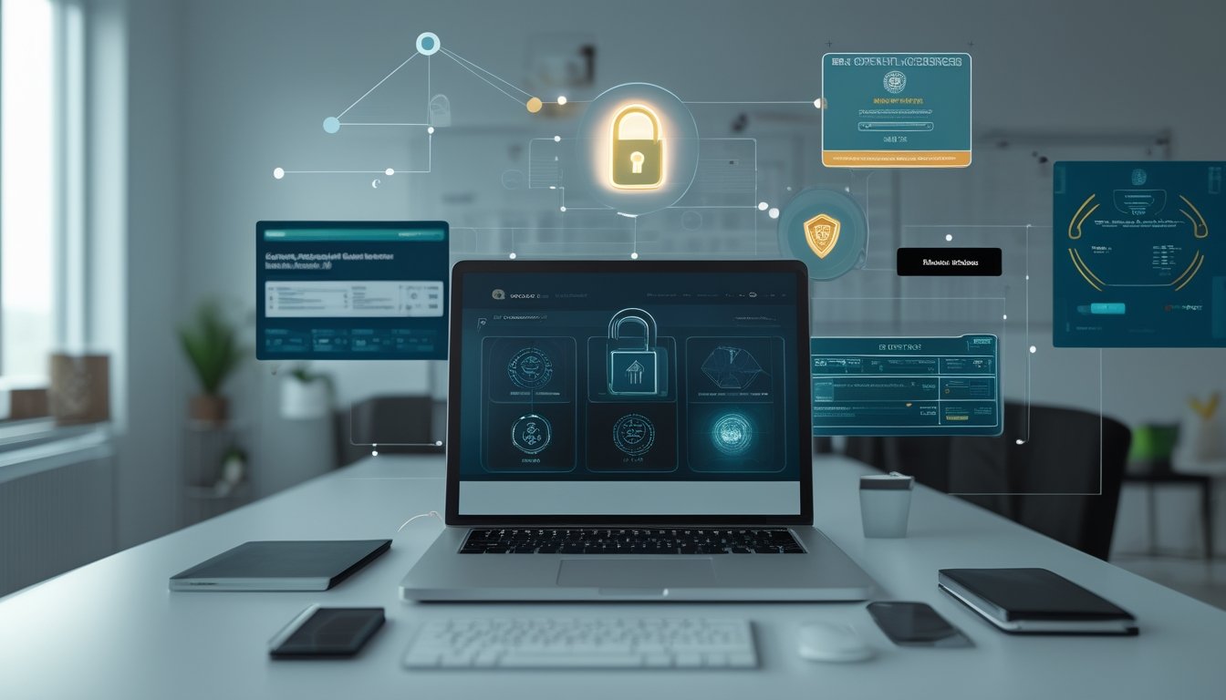 Analis keamanan memeriksa laptop dengan simbol perlindungan data dan dokumen lisensi resmi.