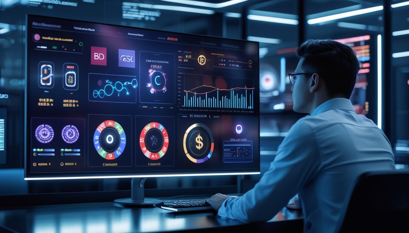 Seorang analis memeriksa tampilan permainan digital dan indikator kinerja server di ruang kerja teknologi modern.