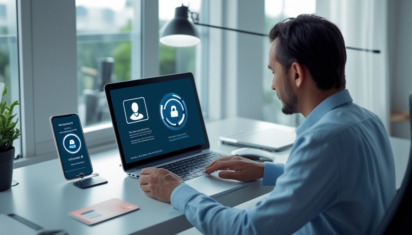 Seseorang memverifikasi akun digital di laptop dengan dokumen identitas, ponsel, dan simbol keamanan di meja kerja.