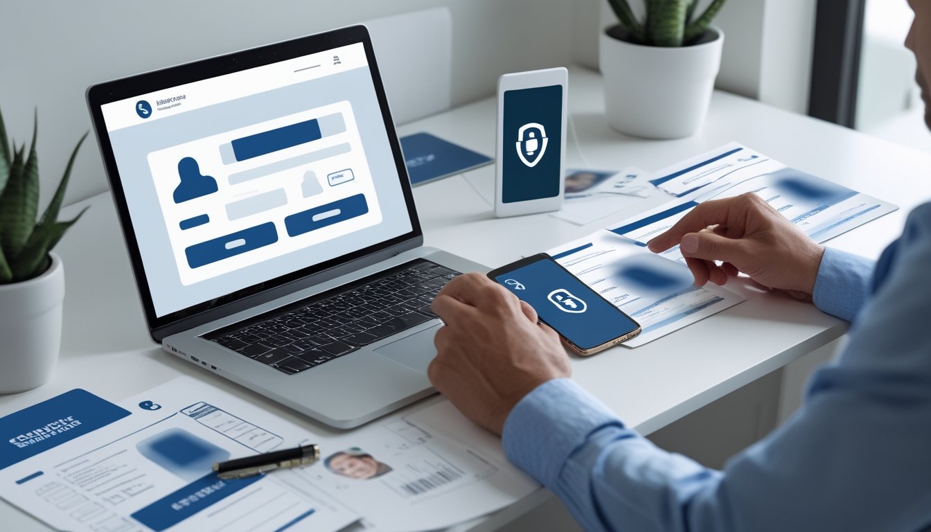 Seseorang menyiapkan dokumen identitas di meja kerja untuk verifikasi akun online yang aman.